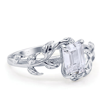 Art Deco Engagement Ring Natural Leaf Design Emerald Cut Cubic Zirconia 925 Sterling Silver Wholesale